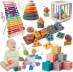Montessori Baby Toy Sorting Stacking Learning Toys Wooden Building Blocks, Xylophone Musical, Infant Teethers Toys for Baby, 6 in 1 Toy Birthday Gifts for Toddlers - Image 2