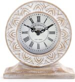 NIKKY HOME Hand Carved Wood Table Clock, Shelf Desk Top Clock Battery Operated Boho Design, Vintage Home Decor for Fireplace Mantel, Desktop, Countertop, Distressed White - Image 2
