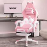 PUKAMI Pink Gaming Chair Cute with Cat Ears and Cat Paw Lumbar Cushion, Ergonomic Computer Chair for Girl with Footrest and Headrest, Comfortable Reclining PC Game Chair for Adult, Teen (Pink) - Image 2