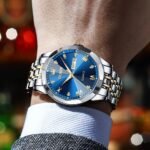 OLEVS Watch for Men Diamond Business Dress Analog Quartz Stainless Steel Waterproof Luminous Date Two Tone Luxury Casual Wrist Watch Blue - Image 5