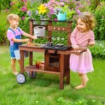 ROBOTIME Mud Kitchen for Kids Outdoor with Wheels, Fun Wooden Kid Kitchen Playset for Backyard Pretend Cooking, Outdoor Sink & Storage, Role Play Toy for Boys and Girls Ages 3+ - Image 5