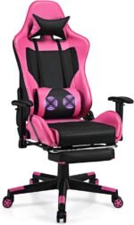 Giantex Massage Gaming Chair Pink, Ergonomic Video Game Chair with Footrest, High Back E-Sport Computer Chair with Headrest & Massager Lumbar Support, PU Leather Gaming Seat - Image 2