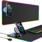 RGB Gaming Mouse Pad Wireless Charging Desk Mat with Foldable Phone Stand, Large LED Gaming Mat 800x350x4mm, 15 Light Modes, Waterproof, Keyboard Pad for PC Computer, Includes 20W PD Power Adapter - Image 2
