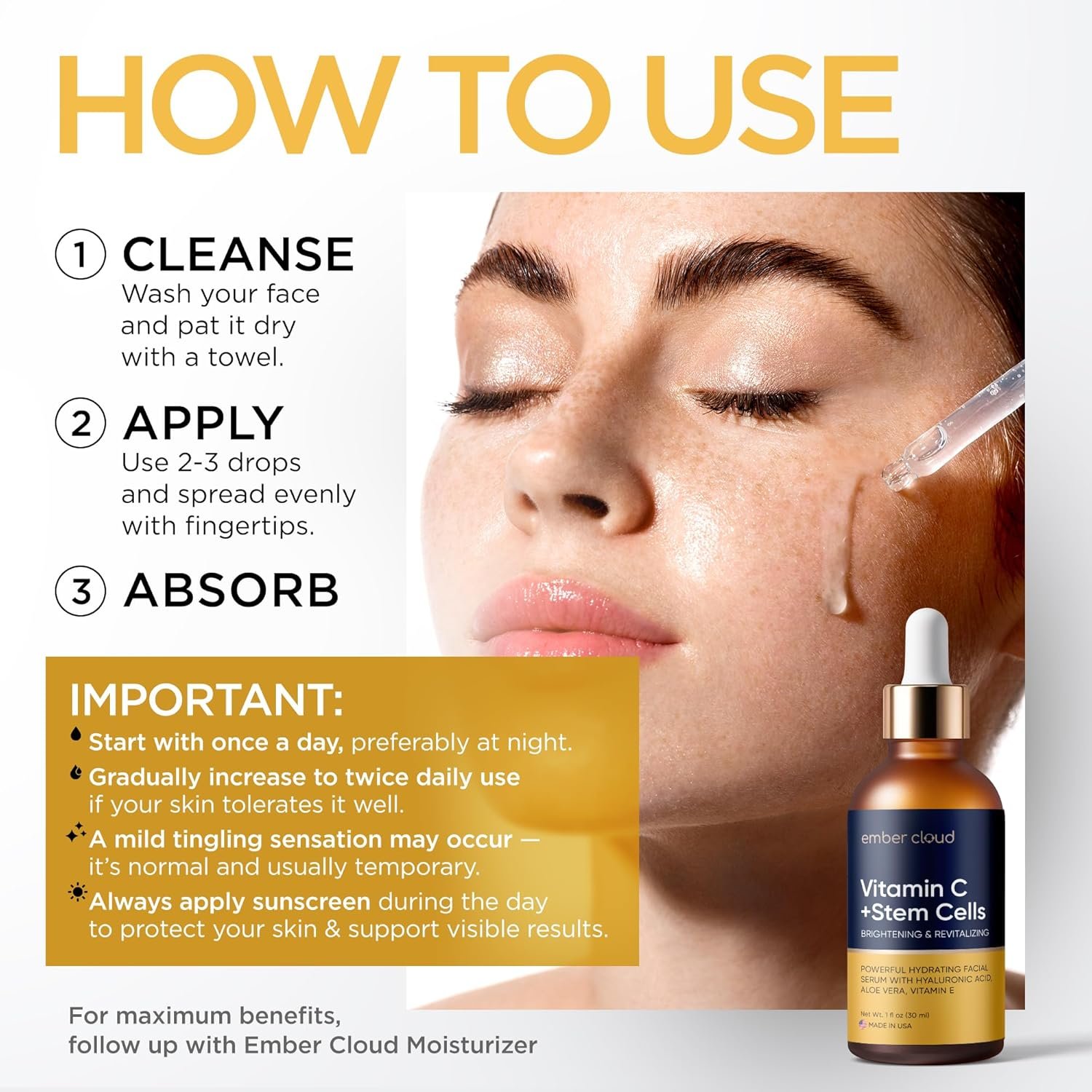 Vitamin C Serum for Face with Stem Cells Hyaluronic Acid Vitamin E Aloe Vera For All Skin Types Anti-Aging Face Seru Supports Skin Health & Even Tone Day and Night Made in USA 1 Oz - Image 7