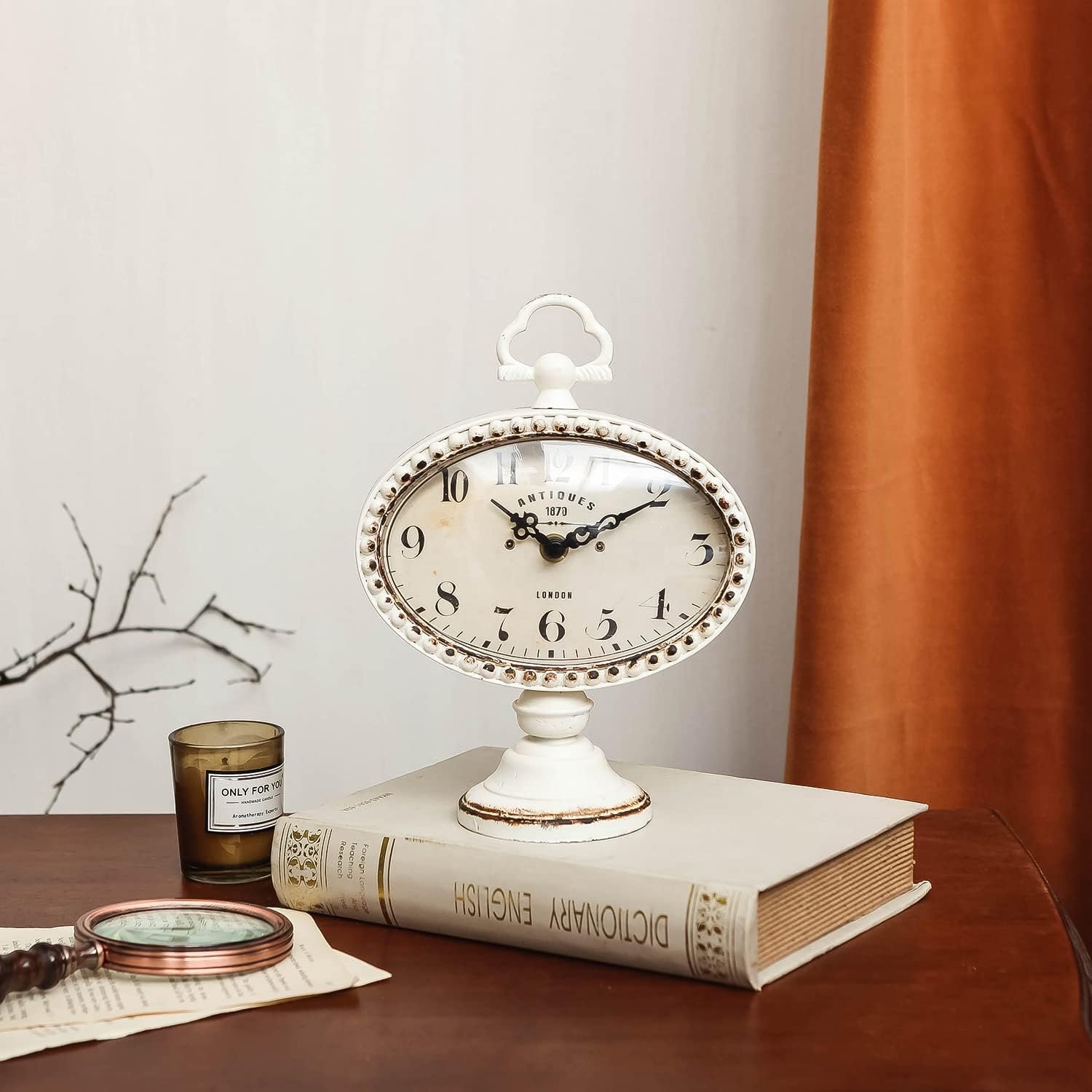 NIKKY HOME Vintage Table Clock with Beads, Silent Shelf Desk Top Clock Battery Operated Antique Design, Chic Home Decor for Fireplace Mantel, Desktop, Countertop, White - Image 3