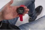 Guess Mens Casual Multifunction 43mm Watch – Black Polycarbonate Case with Black Skeleton Dial & Red Silicone Strap - Image 7