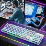 YSCP Typewriter Style Mechanical Gaming Keyboard RGB Backlit Wired with Blue Switch Retro Round Keycap 104 Keys Keyboard (R-White) - Image 8
