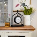 SOFFEE DESIGN 7.5'' x 10'' Mantel Clock Iron Tower Frame, Creative Bird Ornament Tabletop Clock, Silent Clock with Hollow Carved Back Cover for Home Decor, Black - Image 4