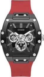 Guess Mens Casual Multifunction 43mm Watch – Black Polycarbonate Case with Black Skeleton Dial & Red Silicone Strap - Image 2
