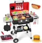 Kids Play Kitchen Toys, Kids BBQ Grill Playset with Smoke Sound Light, 2-Layer Barbecue Toy with Wheels, Outdoor Play Food Toys Cooking Set for Toddlers 3-5, Birthday for Boys Girls - Image 2