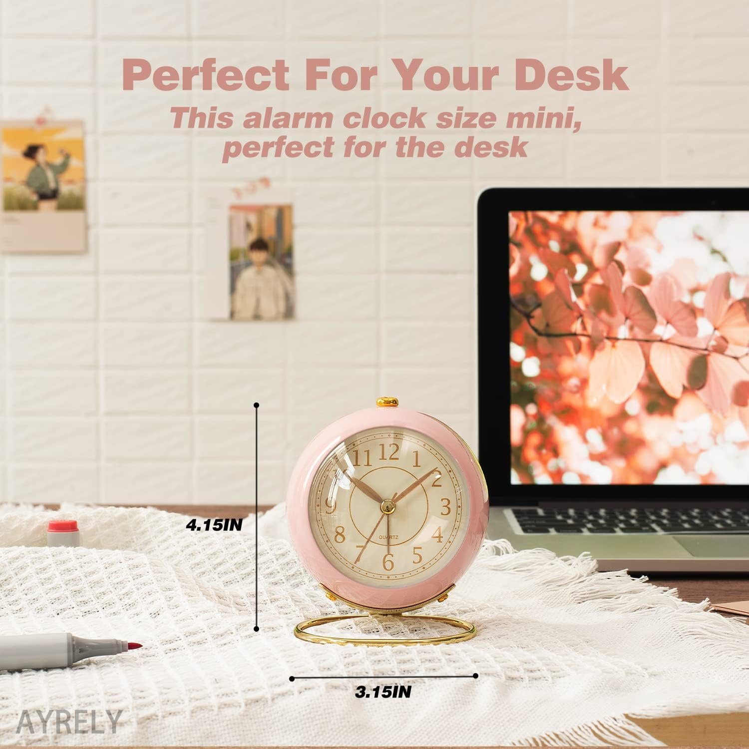 AYRELY® Battery Operated Desk Alarm Clock with Light,Silent No Ticking,Small Table Clock for Bedside/Bedroom/Living Room/Office/Travel/Kids/Room Decor Aesthetic Vintage(Pink) - Image 7