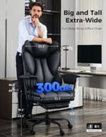 LukkDys Big and Tall Office Chair,High Back Leather Gaming Chair with Footrest,Lumbar Support,Outward Fixed Soft Armrests,Wide Ergonomic Desk Chair (Black) - Image 3