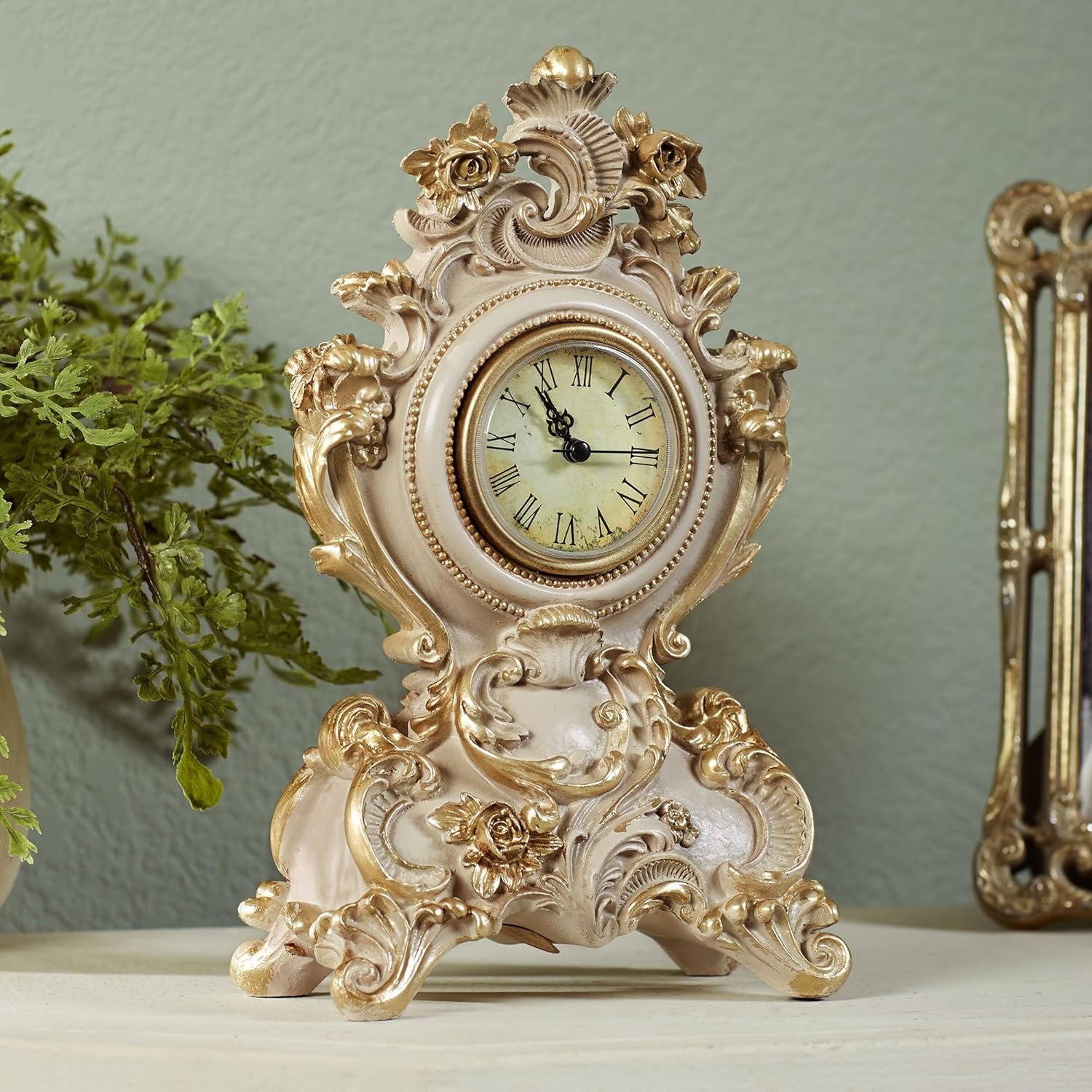 Touch of Class Oliviana Table Clock - Resin - Ivory, Gold - Victorian Style - Acanthus Leaves - Vintage Decor for Bedroom, Bathroom Shelf, Living Room, Mantel, Entryway, Foyer - Image 3