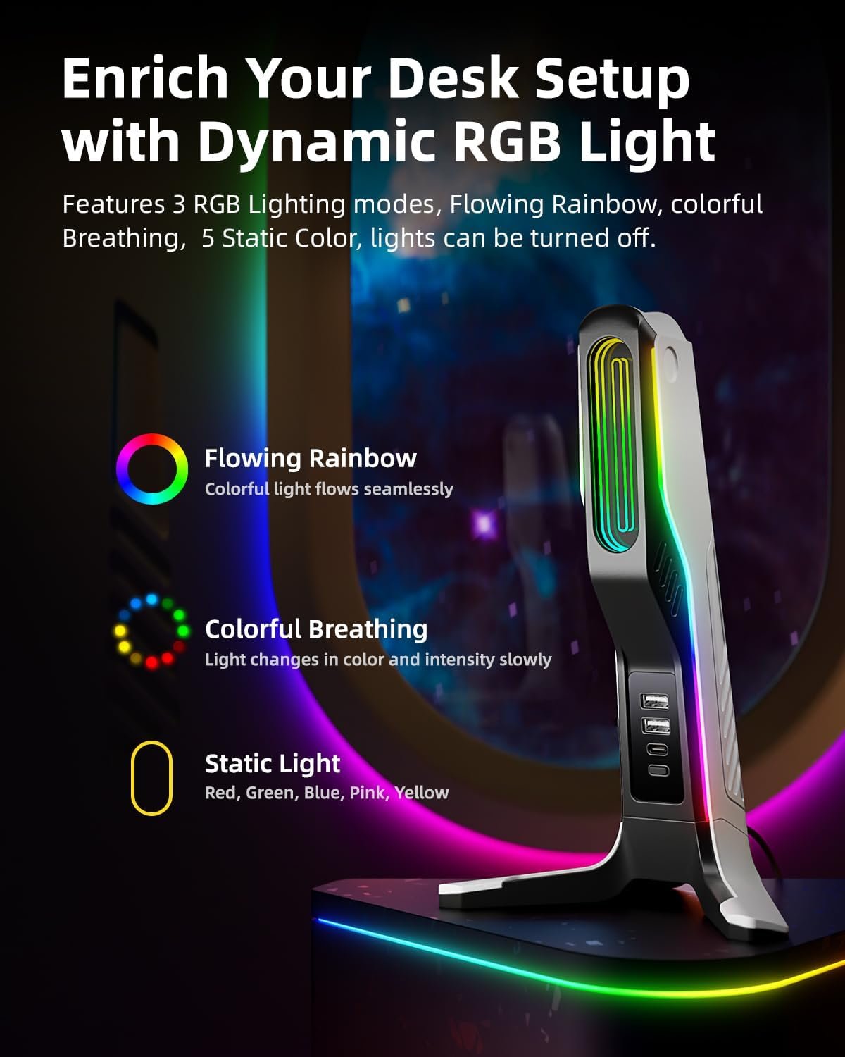 RGB Gaming Headset Stand with 2 USB and 1 Type-C Ports, Game Headphone Mount for PC Computer, Xbox One, Xbox Series S/X, PS5, PS4, Earphone Holder Hanger, Desk Gamer Accessories, Black&White - Image 4
