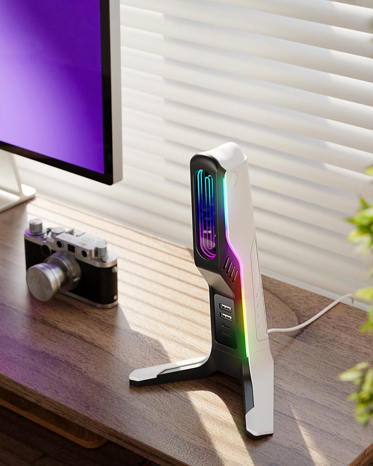 RGB Gaming Headset Stand with 2 USB and 1 Type-C Ports, Game Headphone Mount for PC Computer, Xbox One, Xbox Series S/X, PS5, PS4, Earphone Holder Hanger, Desk Gamer Accessories, Black&White - Image 6