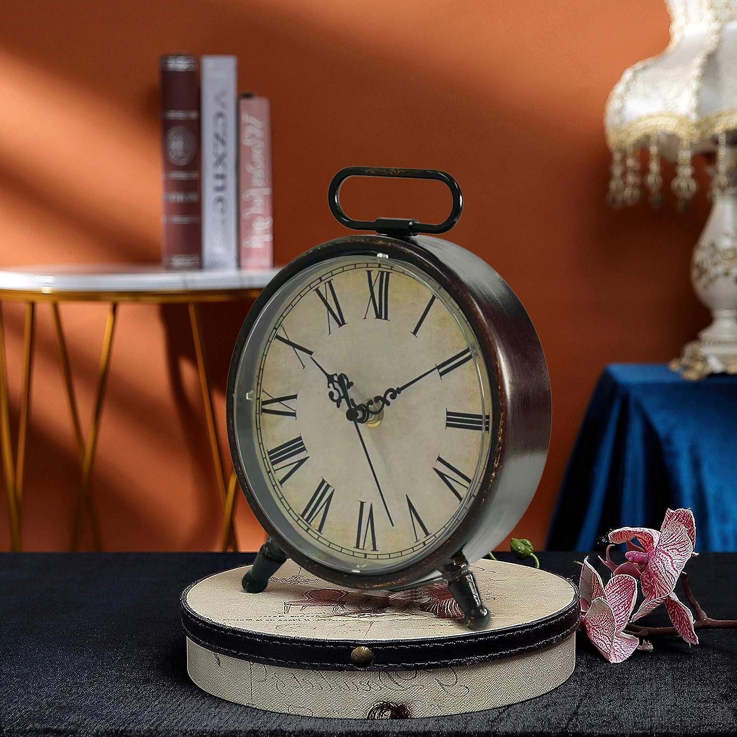 Vintage Desk Clock, 8 Inches Silent Non-Ticking Battery Operated Metal Table Top Clock for Bedroom, Living Room, Office, Shelf Decor (Brown) - Image 3