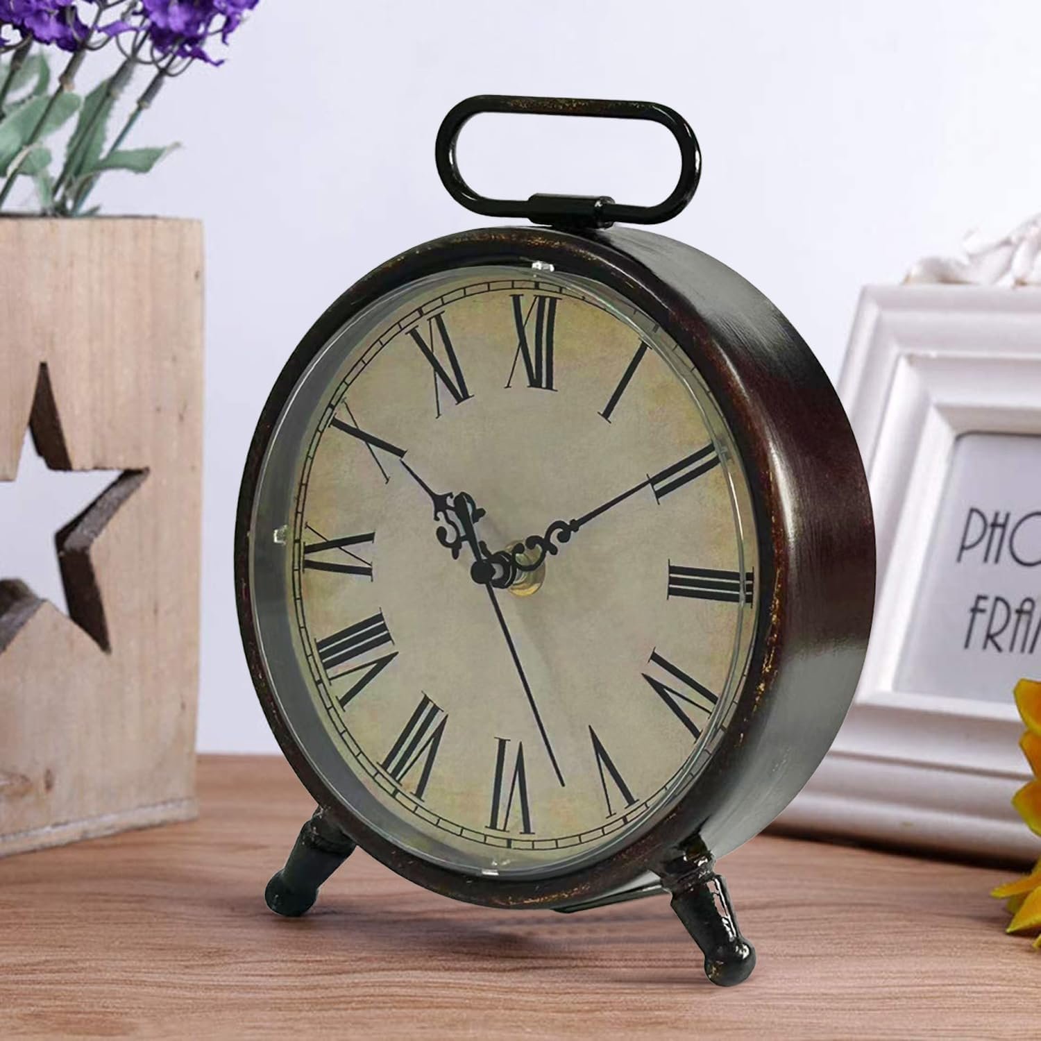 Vintage Desk Clock, 8 Inches Silent Non-Ticking Battery Operated Metal Table Top Clock for Bedroom, Living Room, Office, Shelf Decor (Brown) - Image 8