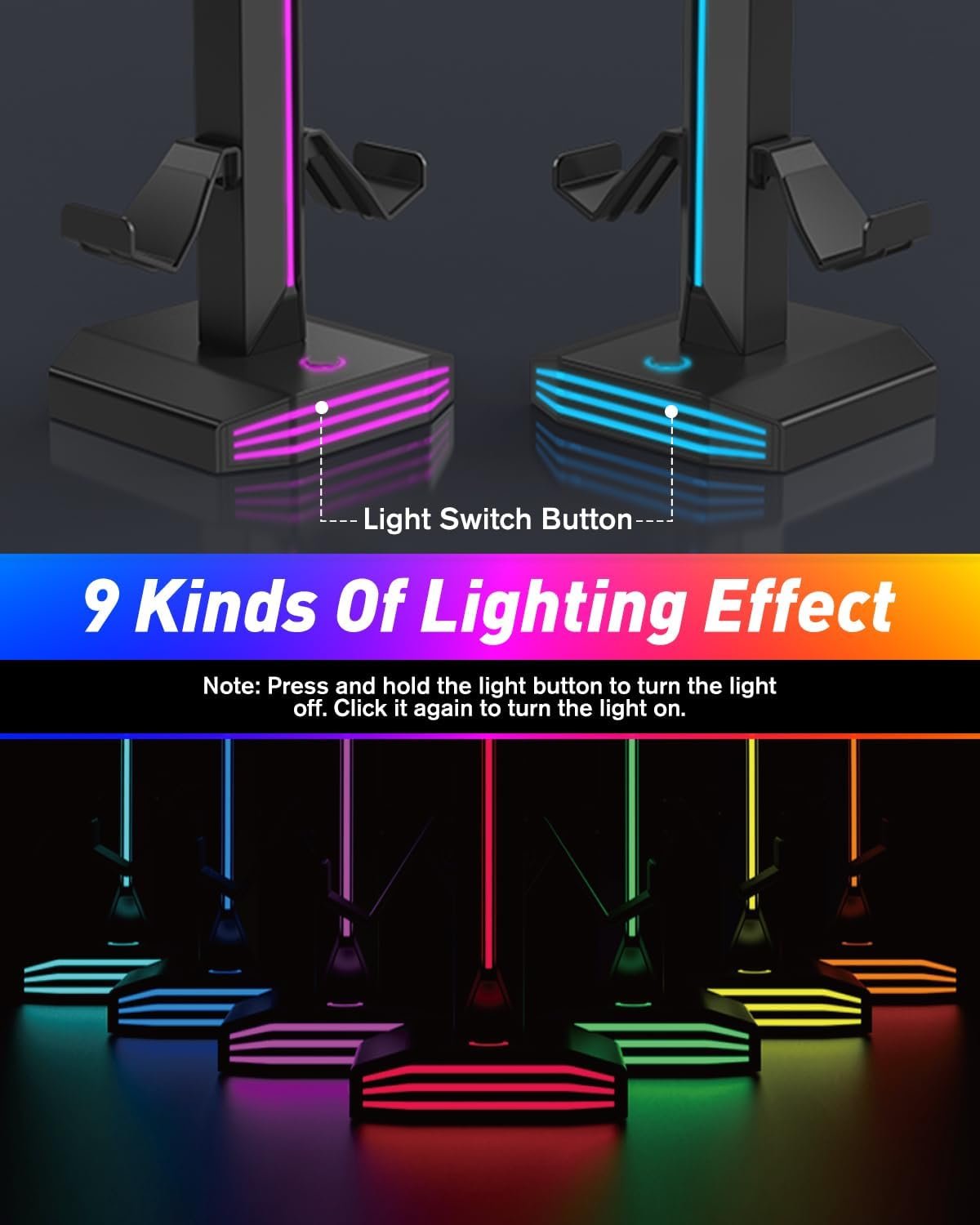 FINTIE RGB Headphone Stand, Gaming Controller Holder for Desk with 9 Lighting Modes, USB/Type-C Charging Ports, Headset Stand Earphone Hanger Accessories for Desktop - Image 3