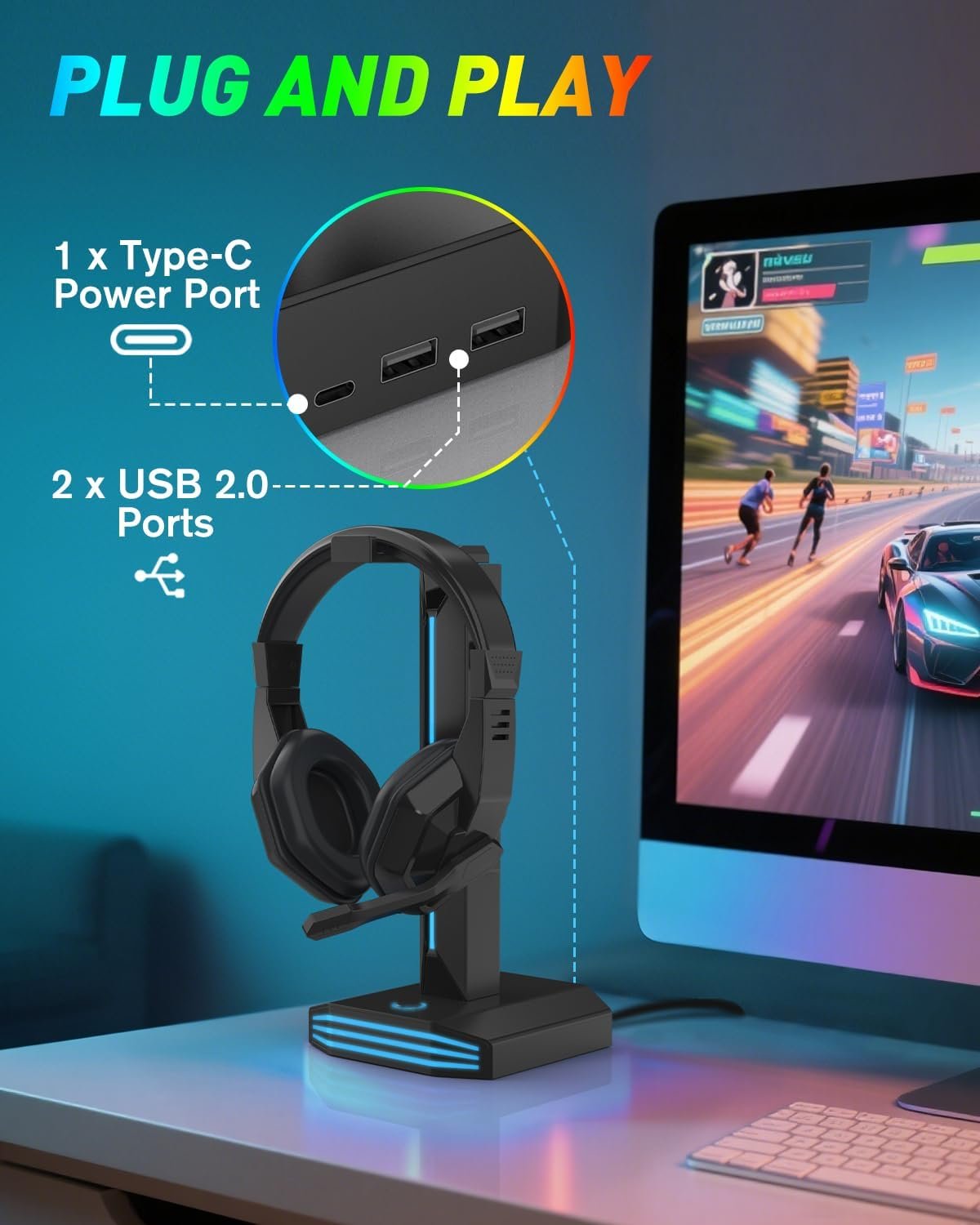 FINTIE RGB Headphone Stand, Gaming Controller Holder for Desk with 9 Lighting Modes, USB/Type-C Charging Ports, Headset Stand Earphone Hanger Accessories for Desktop - Image 4