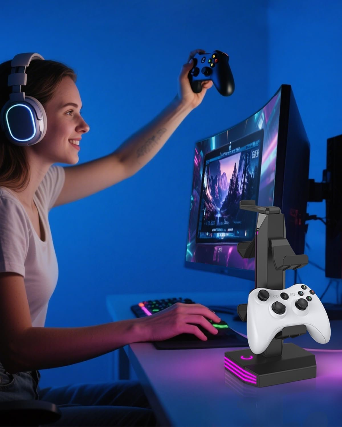 FINTIE RGB Headphone Stand, Gaming Controller Holder for Desk with 9 Lighting Modes, USB/Type-C Charging Ports, Headset Stand Earphone Hanger Accessories for Desktop - Image 7