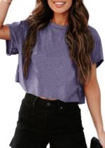 UNCLECAT Women's Cropped T Shirts Trendy Short Sleeve Crew Neck Crop Tops Solid Basic Tee - Image 2
