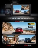 REDTIGER F17 4K 3 Channel Dash Cam, STARVIS 2 IMX675 HDR, 2160P+1080P+1080P Front Inside and Rear Triple Car Camera with 64GB Card, 5.8GHz WiFi GPS, IR Night Vision, G Sensor, WDR, Parking Mode - Image 3