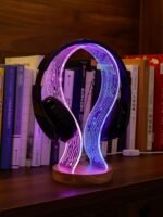 YuanDian Headphone Stand, Walnut Wood Headset Holder with Blue Pink LED Night Light for Gamers, Men, and Music Lovers - Perfect Desk Gift Idea - Image 5