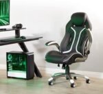 OSP Home Furnishings Xplorer 51 Ergonomic Adjustable High Back Gaming Chair with Lumbar Support and Padded Flip Arms, Black Faux Leather with White Trim - Image 3