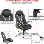 OSP Home Furnishings Xplorer 51 Ergonomic Adjustable High Back Gaming Chair with Lumbar Support and Padded Flip Arms, Black Faux Leather with White Trim - Image 5
