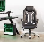 OSP Home Furnishings Xplorer 51 Ergonomic Adjustable High Back Gaming Chair with Lumbar Support and Padded Flip Arms, Black Faux Leather with White Trim - Image 6