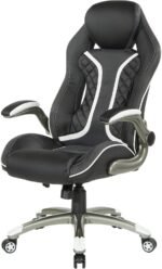 OSP Home Furnishings Xplorer 51 Ergonomic Adjustable High Back Gaming Chair with Lumbar Support and Padded Flip Arms, Black Faux Leather with White Trim - Image 7