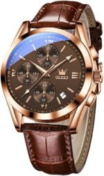 OLEVS Men's Casual Leather Watch, Big Face Chronograph Watch for Men, Fashion Easy to Read Dress Watch, Men's Waterproof Luminous Date Analog Watch, Gold/Black/White/Blue Dial - Image 2