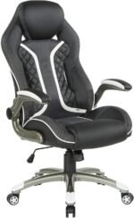 OSP Home Furnishings Xplorer 51 Ergonomic Adjustable High Back Gaming Chair with Lumbar Support and Padded Flip Arms, Black Faux Leather with White Trim - Image 2