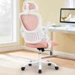 Sweetcrispy Office Computer Desk Chair, Ergonomic High-Back Mesh Rolling Work Chairs with Wheels and Adjustable Headrests, Comfortable Lumbar Support, Comfy Flip-up Arms for Home, Bedroom, Study, Pink - Image 2