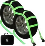 Tow Dolly Basket Straps with Flat Hook, 2 Pack Tow Dolly Strap Bonnet Net Fits 14"-19" Tires Wheels, 10,000 lbs Breaking Strength Heavy Duty Car Dolly Strap System, Waterproof Carrying Bag (Green) - Image 2