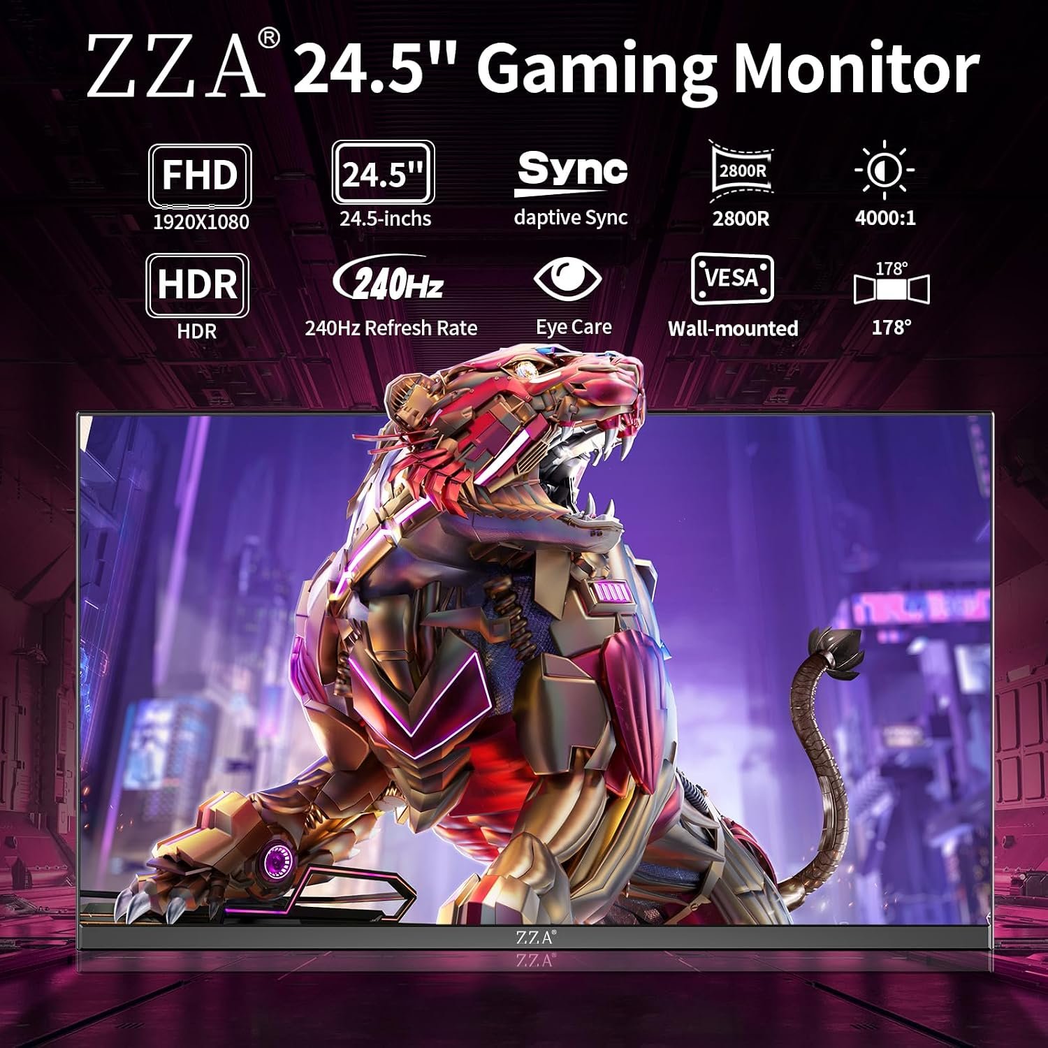 ZZA 25" Curved Gaming Monitor, 240Hz|144Hz FHD(1920 * 1080P) VA Screen Computer Monitor, Supports Freesync, 120% sRGB, Blue Light Filter,AMD Freesync, Wall Mountable Installs(HDMI 1.4/DP 1.2) - Image 3