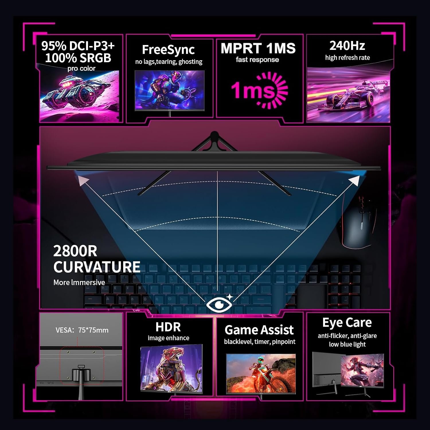 ZZA 25" Curved Gaming Monitor, 240Hz|144Hz FHD(1920 * 1080P) VA Screen Computer Monitor, Supports Freesync, 120% sRGB, Blue Light Filter,AMD Freesync, Wall Mountable Installs(HDMI 1.4/DP 1.2) - Image 5