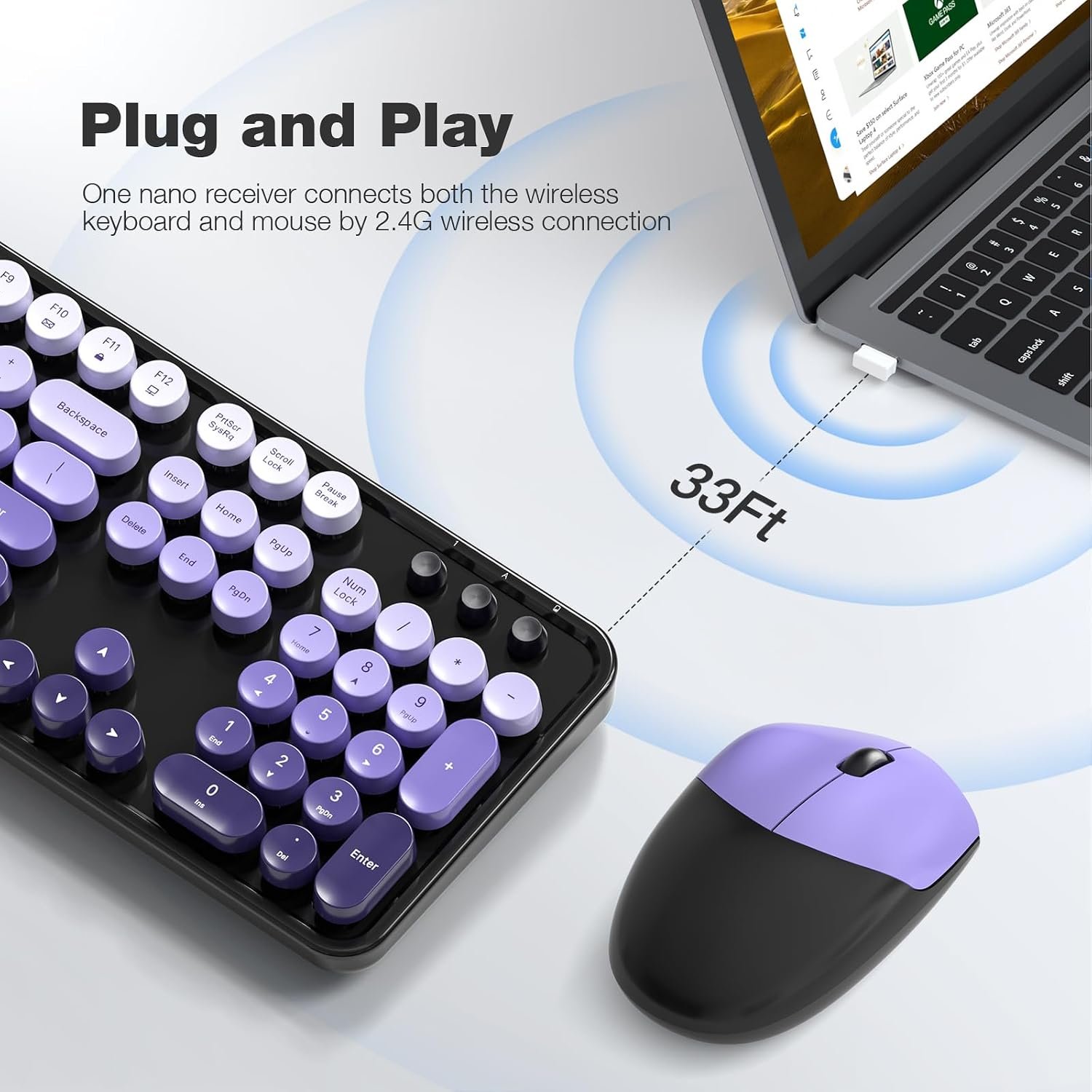 MOFII Wireless Keyboard and Mouse Combo, Full Size 2.4G Plug and Play Typewriter Retro Round Computer Keyboard and Mouse Set for Windows, Computer, Desktop, PC, Notebook - (Black Purple Gradient) - Image 3