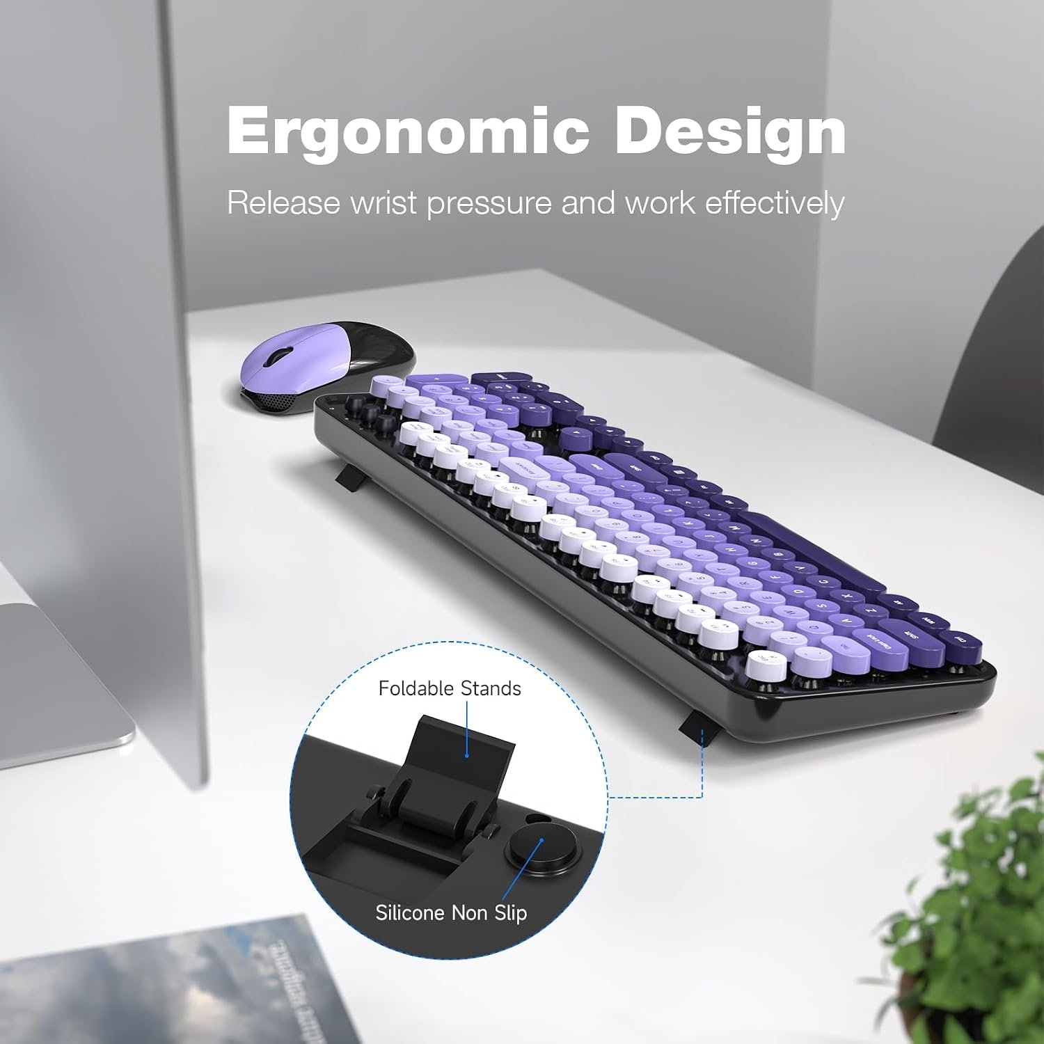 MOFII Wireless Keyboard and Mouse Combo, Full Size 2.4G Plug and Play Typewriter Retro Round Computer Keyboard and Mouse Set for Windows, Computer, Desktop, PC, Notebook - (Black Purple Gradient) - Image 4