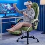 Gaming Chair with Footrest, Gaming Chair for Adults with Massage Lumbar Support, Fabric Ergonomic Computer Chair, Pocket Spring Cushion,Linkage Armrests & 360° Swivel, Light Green - Image 3