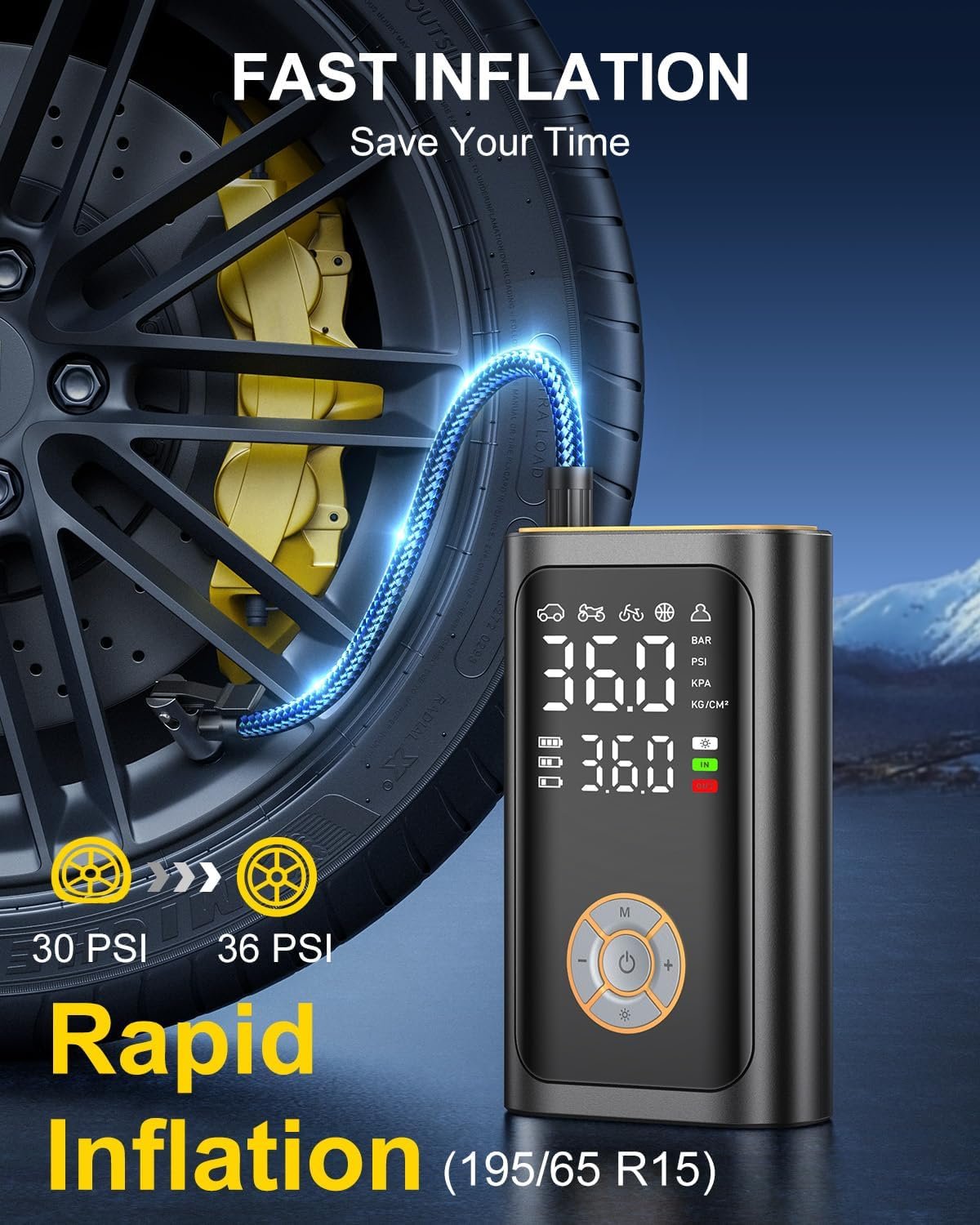 Tire Inflator Portable Air Compressor - 150 PSI Portable Air Pump for Car Tires, Cordless Electric Bike Tire Pump with Digital Pressure Gauge, LED Light for Auto, Motorcycle, Bicycle, Ball (Chic) - Image 3