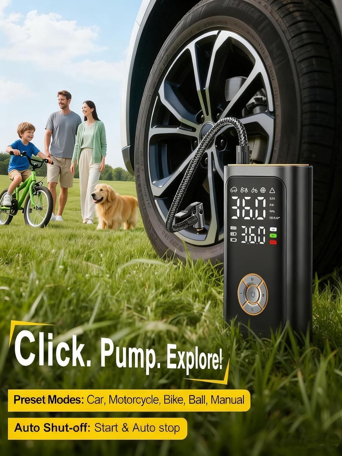 Tire Inflator Portable Air Compressor - 150 PSI Portable Air Pump for Car Tires, Cordless Electric Bike Tire Pump with Digital Pressure Gauge, LED Light for Auto, Motorcycle, Bicycle, Ball (Chic) - Image 4