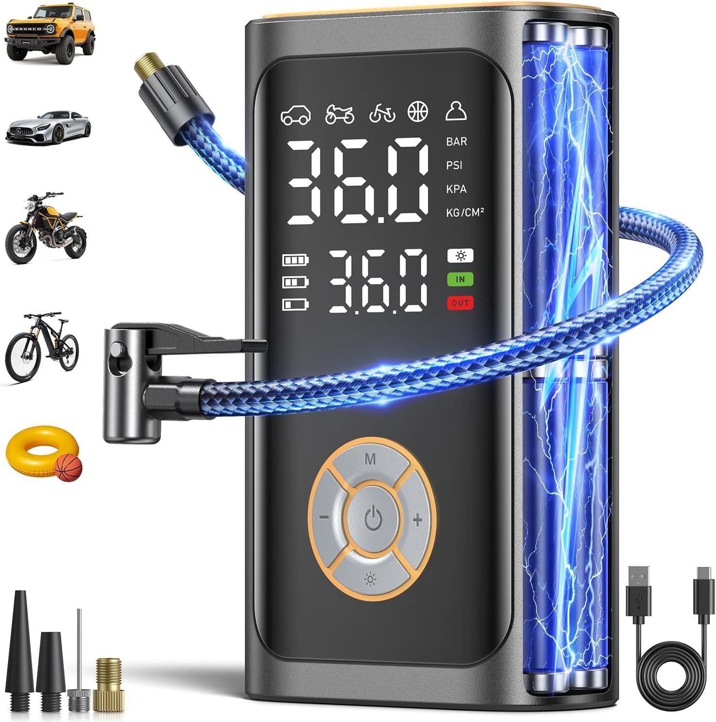 Tire Inflator Portable Air Compressor - 150 PSI Portable Air Pump for Car Tires, Cordless Electric Bike Tire Pump with Digital Pressure Gauge, LED Light for Auto, Motorcycle, Bicycle, Ball (Chic) - Image 2